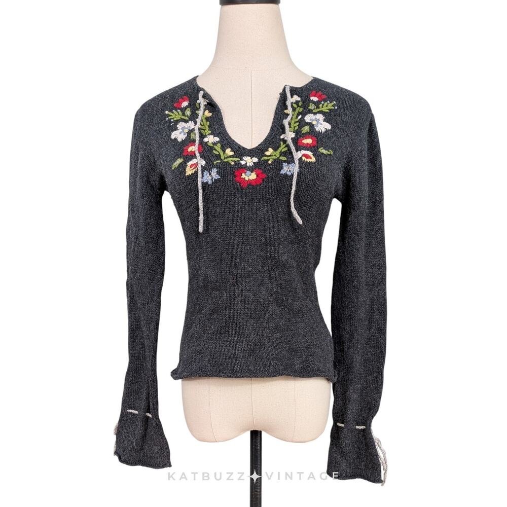 Y2K No Boundaries Sweater S Gray Multi Floral Embroider Alpine Bell Boho Vintage
